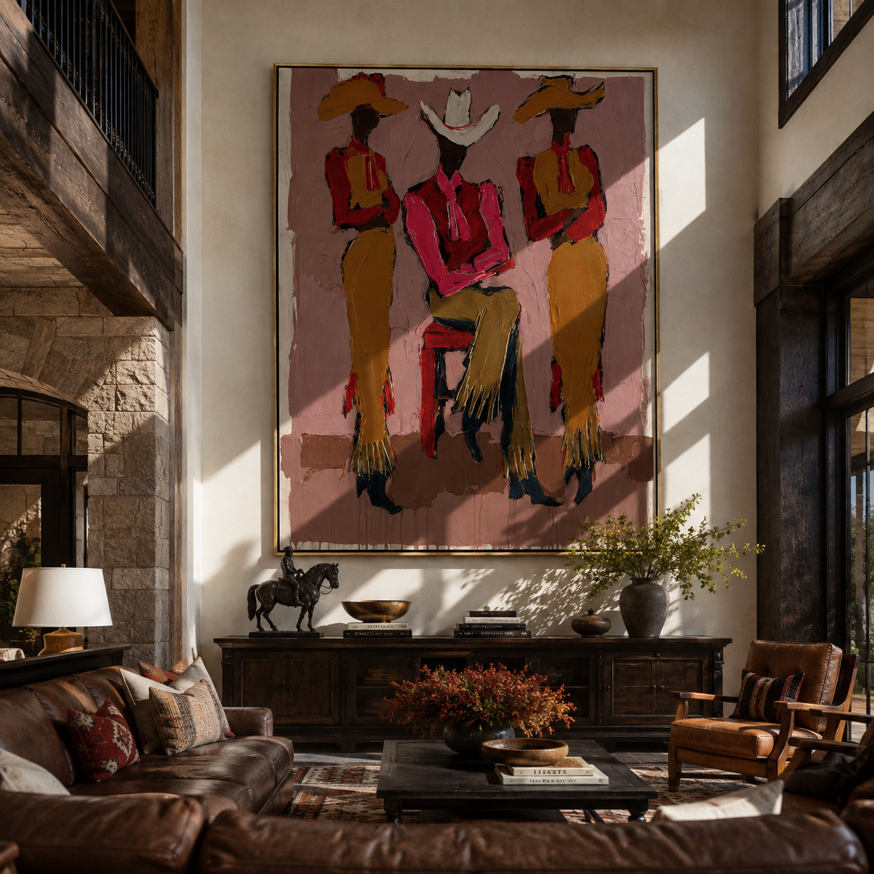 White Brim Holds Center - three cowgirls portrait painting by Savannah Reed, modern folk art vertical wall art – styled room scene view 3