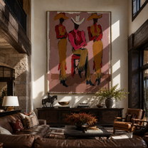 White Brim Holds Center - three cowgirls portrait painting by Savannah Reed, modern folk art vertical wall art – styled room scene view 3