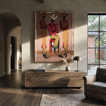 White Brim Holds Center - three cowgirls portrait painting by Savannah Reed, modern folk art vertical wall art – styled room scene view 4