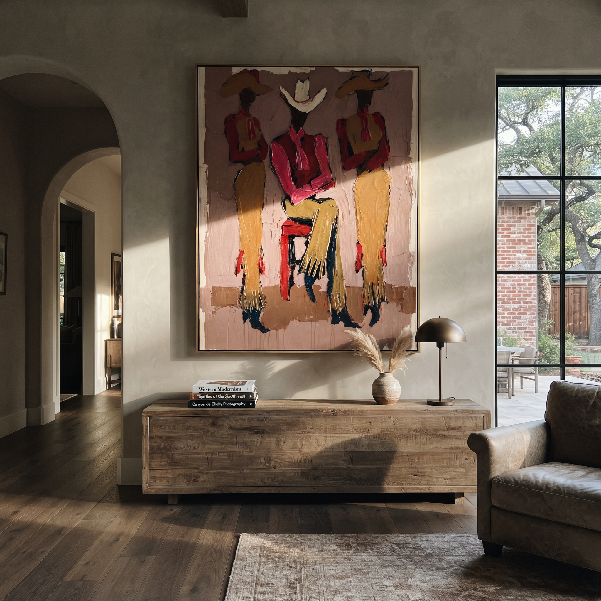 White Brim Holds Center - three cowgirls portrait painting by Savannah Reed, modern folk art vertical wall art – styled room scene view 4