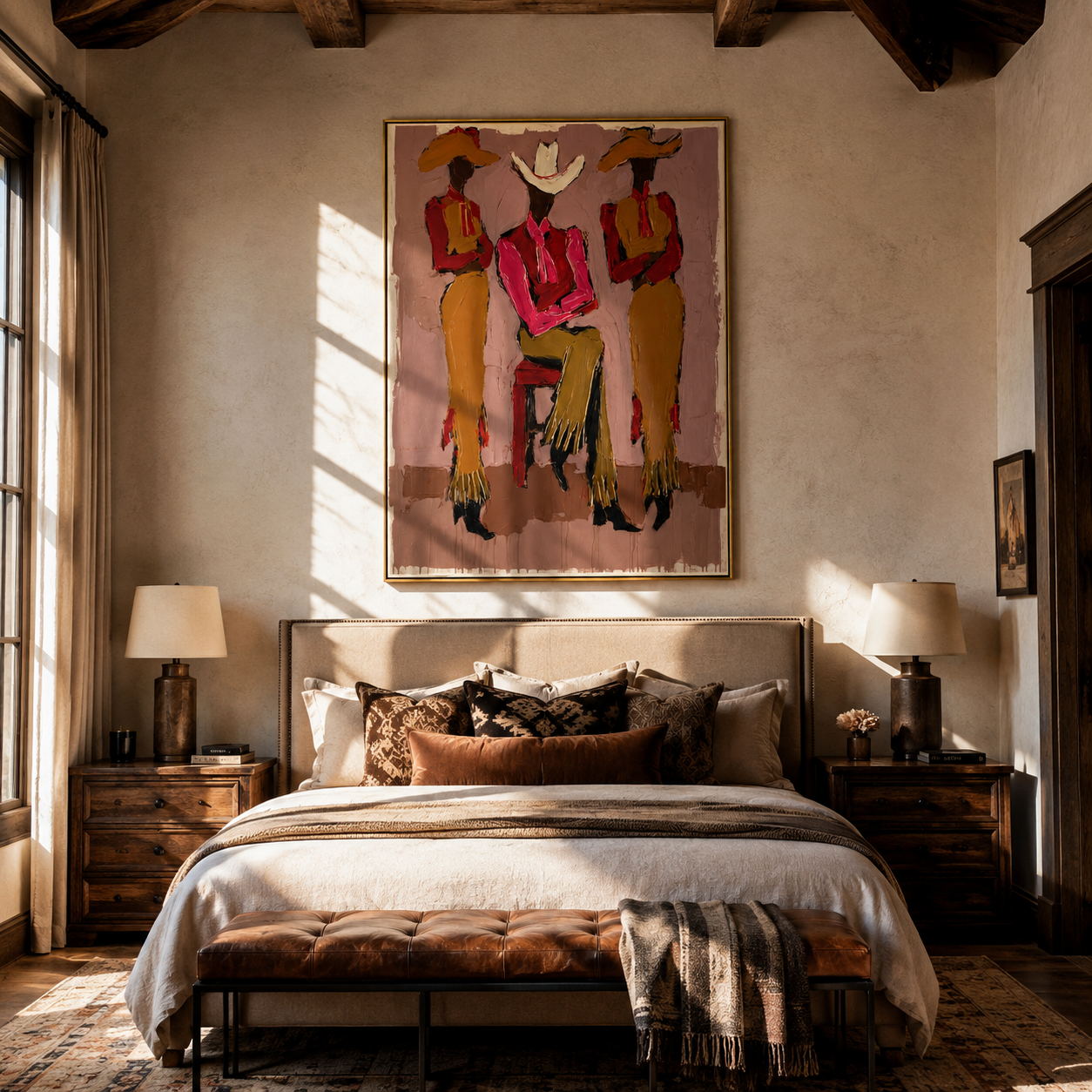 White Brim Holds Center - three cowgirls portrait painting by Savannah Reed, modern folk art vertical wall art – styled room scene view 5