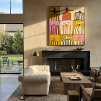 Nine Stripes Tile Earth - nine cowboy grid painting by Savannah Reed, modern folk art square wall art – styled room scene view 1