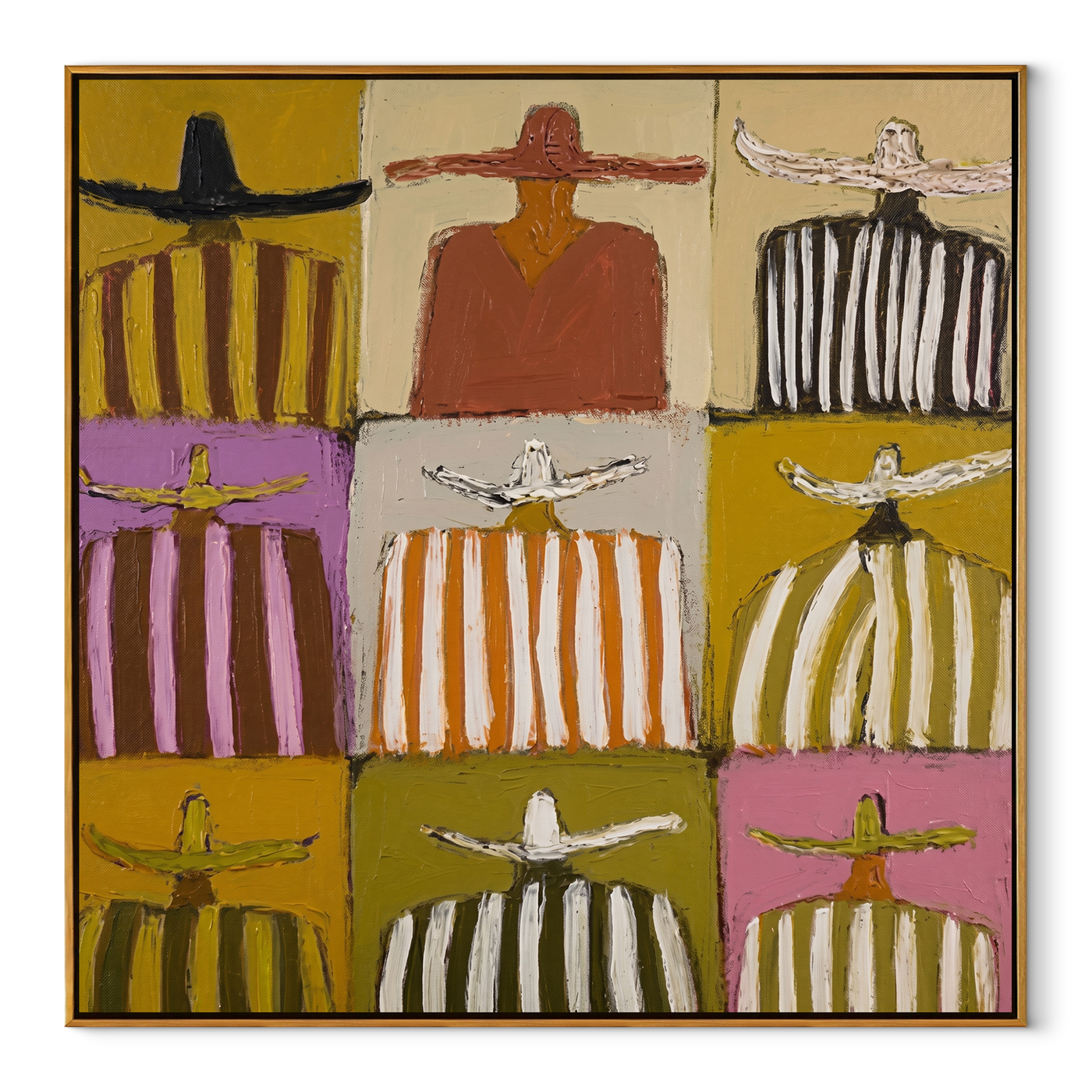 Nine Stripes Tile Earth - nine cowboy grid painting by Savannah Reed, modern folk art square wall art – wood frame on white background