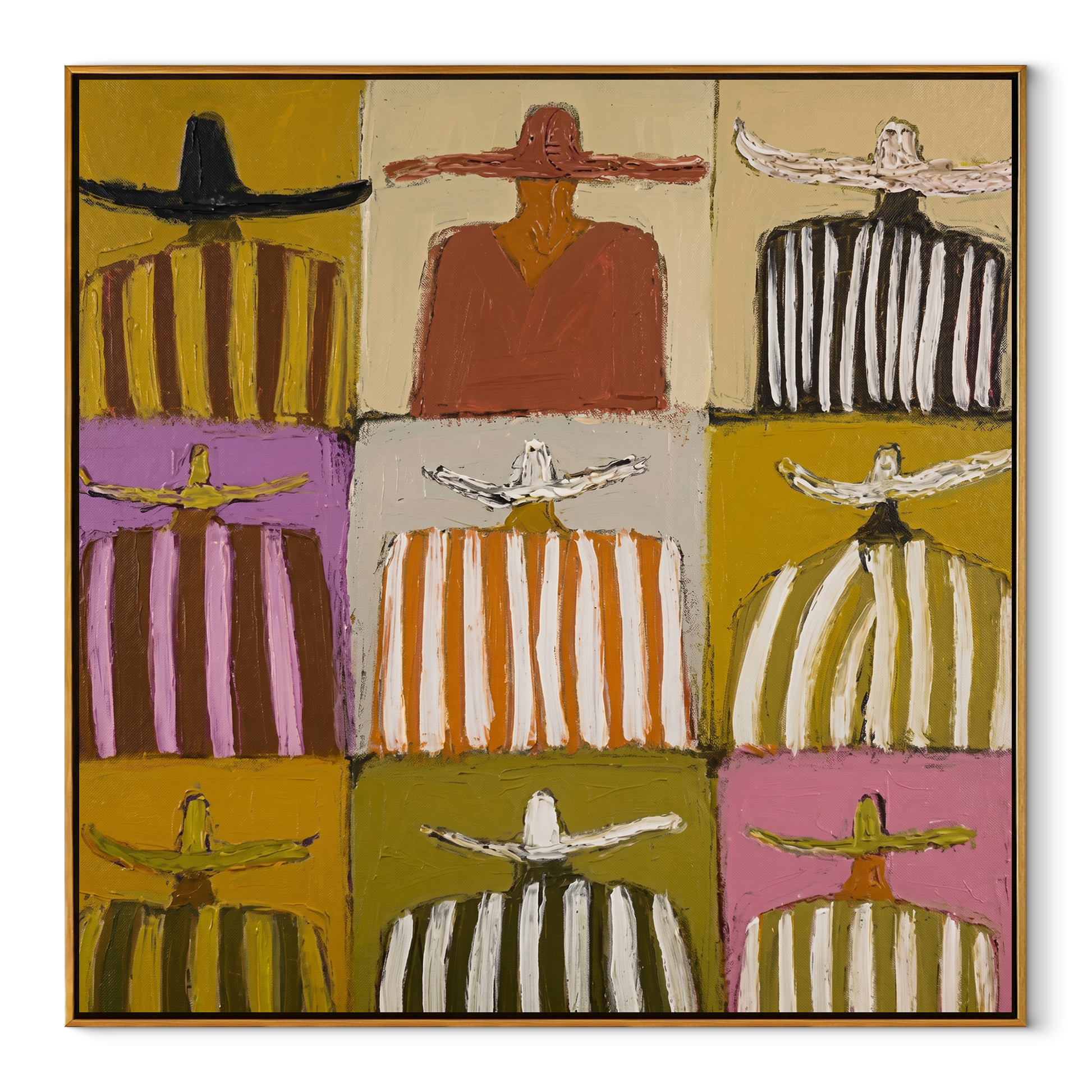 Nine Stripes Tile Earth - nine cowboy grid painting by Savannah Reed, modern folk art square wall art – wood frame on white background