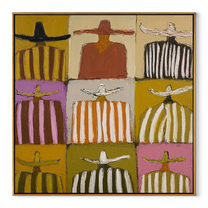 Nine Stripes Tile Earth - nine cowboy grid painting by Savannah Reed, modern folk art square wall art – wood frame on white background