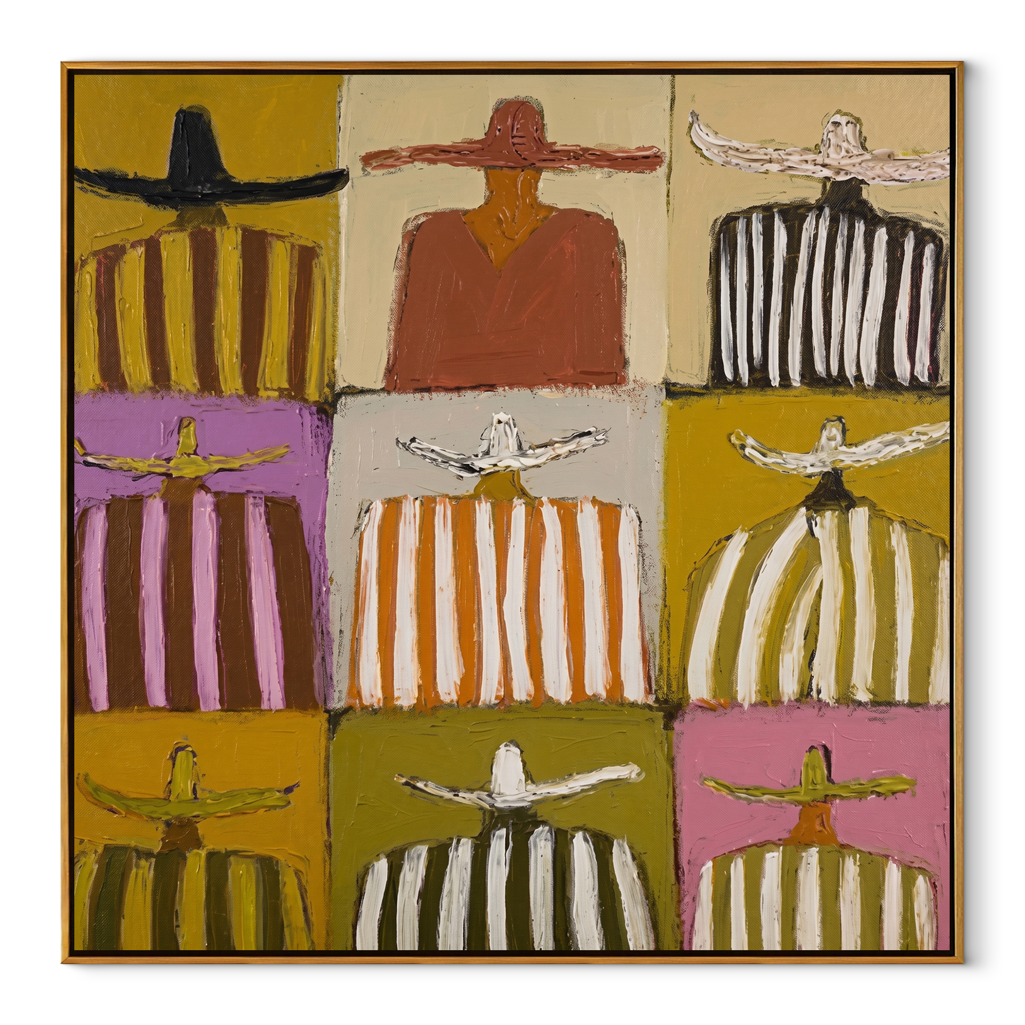 Nine Stripes Tile Earth - nine cowboy grid painting by Savannah Reed, modern folk art square wall art – wood frame on white background