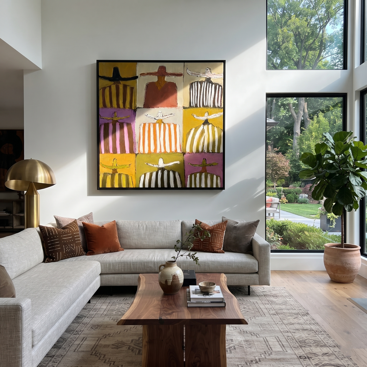 Nine Stripes Tile Earth - nine cowboy grid painting by Savannah Reed, modern folk art square wall art – styled room scene view 2