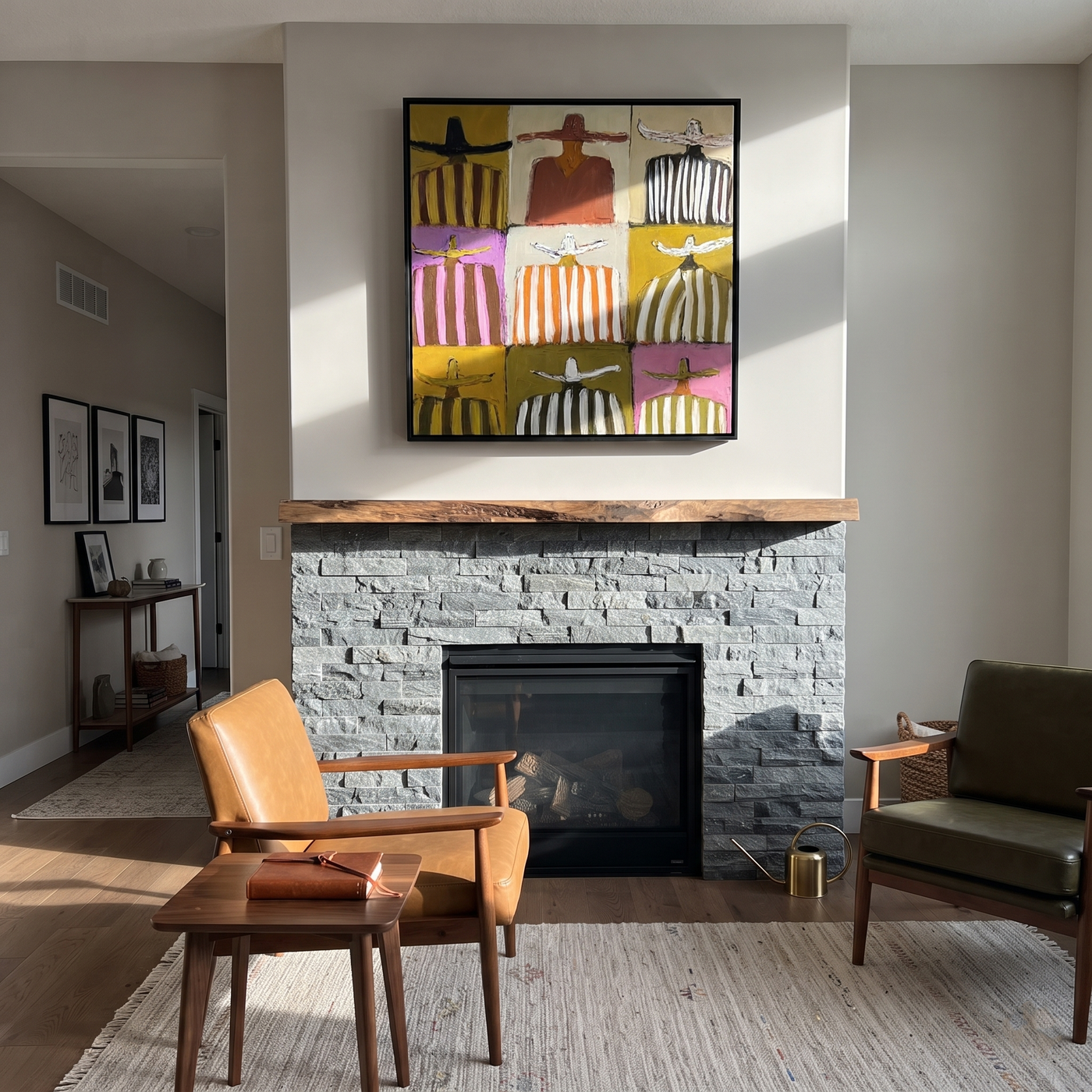 Nine Stripes Tile Earth - nine cowboy grid painting by Savannah Reed, modern folk art square wall art – styled room scene view 3
