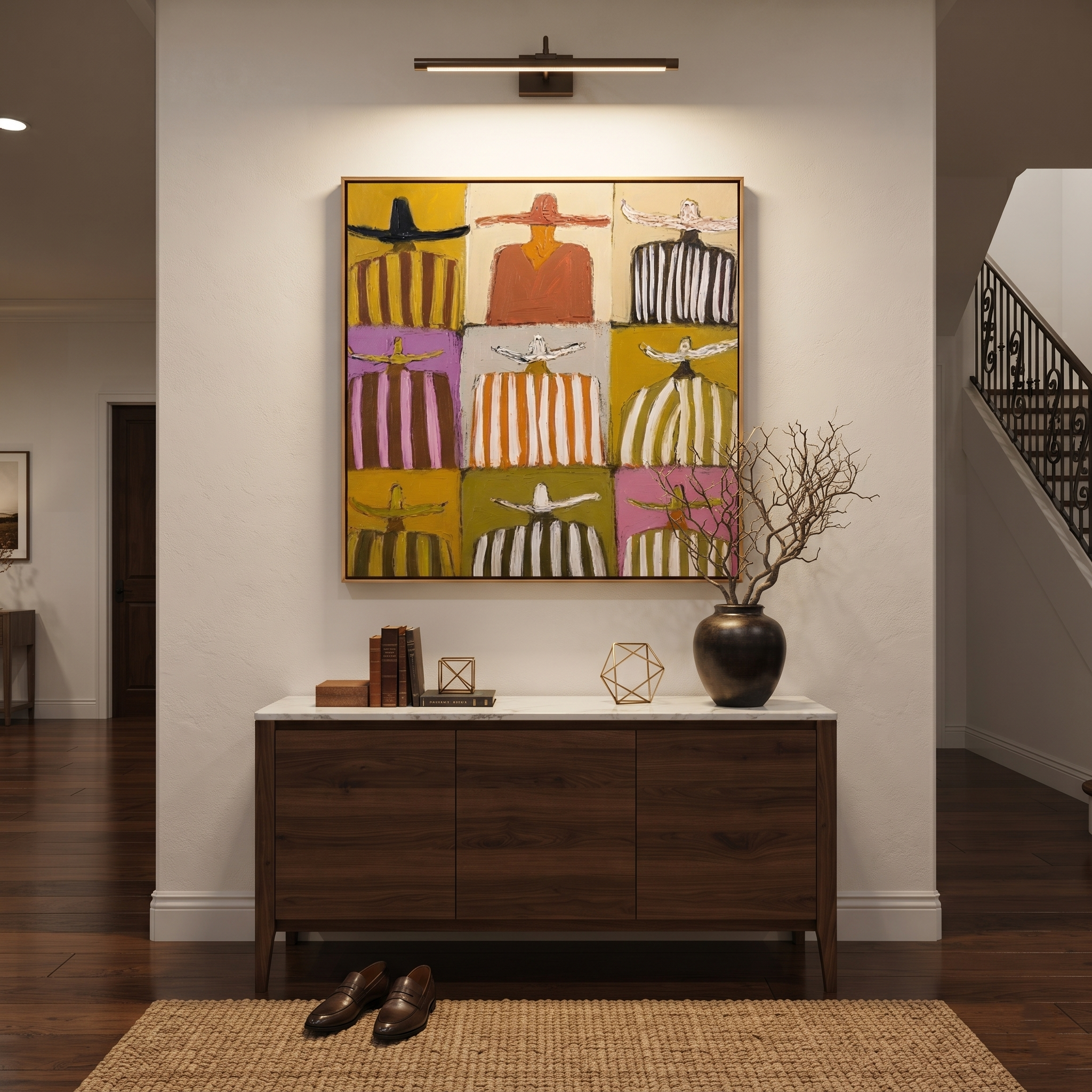 Nine Stripes Tile Earth - nine cowboy grid painting by Savannah Reed, modern folk art square wall art – styled room scene view 4