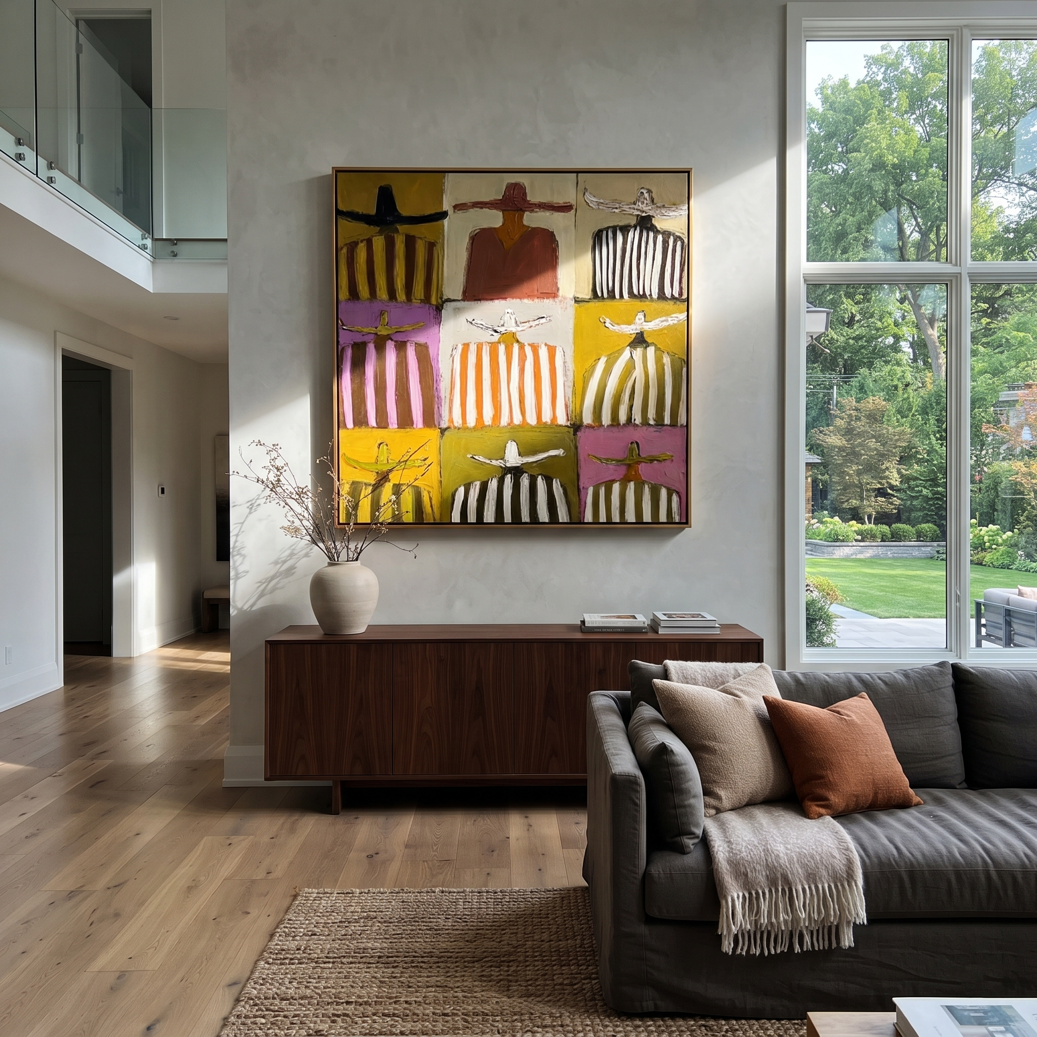 Nine Stripes Tile Earth - nine cowboy grid painting by Savannah Reed, modern folk art square wall art – styled room scene view 5