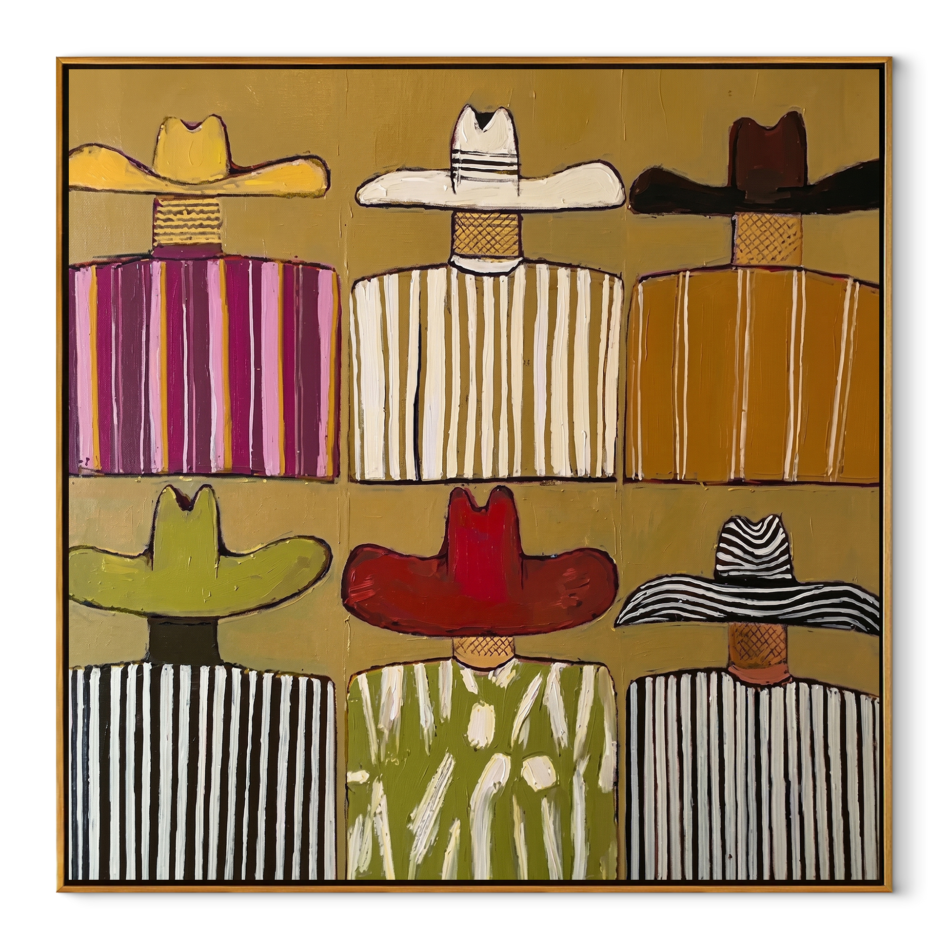 Six Brims Divide Mustard - six cowboy grid painting by Savannah Reed, modern folk art square wall art – wood frame on white background