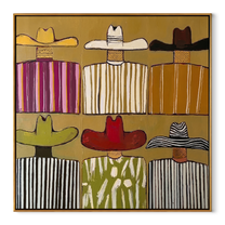 Six Brims Divide Mustard - six cowboy grid painting by Savannah Reed, modern folk art square wall art – wood frame on white background