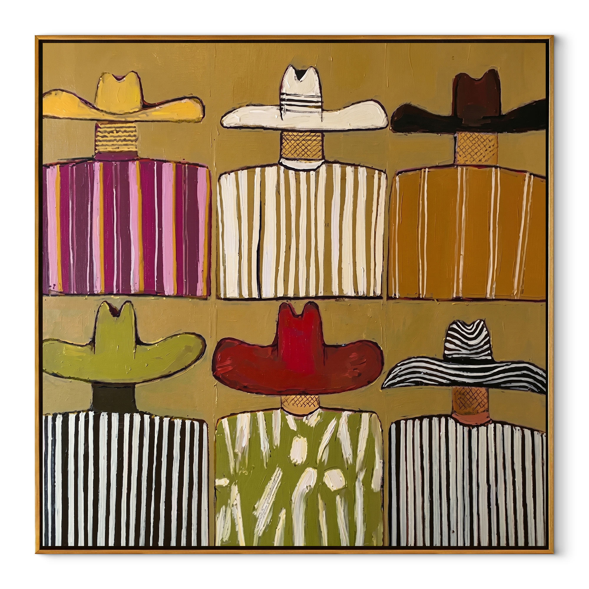 Six Brims Divide Mustard - six cowboy grid painting by Savannah Reed, modern folk art square wall art – wood frame on white background