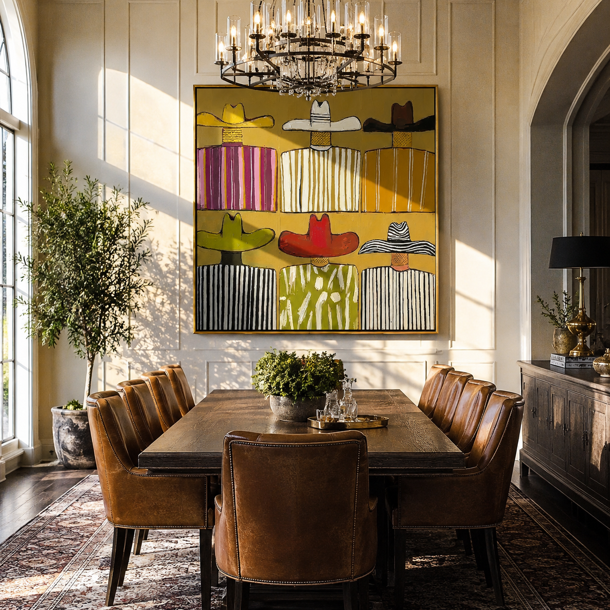 Six Brims Divide Mustard - six cowboy grid painting by Savannah Reed, modern folk art square wall art – styled room scene view 2