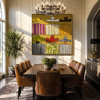 Six Brims Divide Mustard - six cowboy grid painting by Savannah Reed, modern folk art square wall art – styled room scene view 2