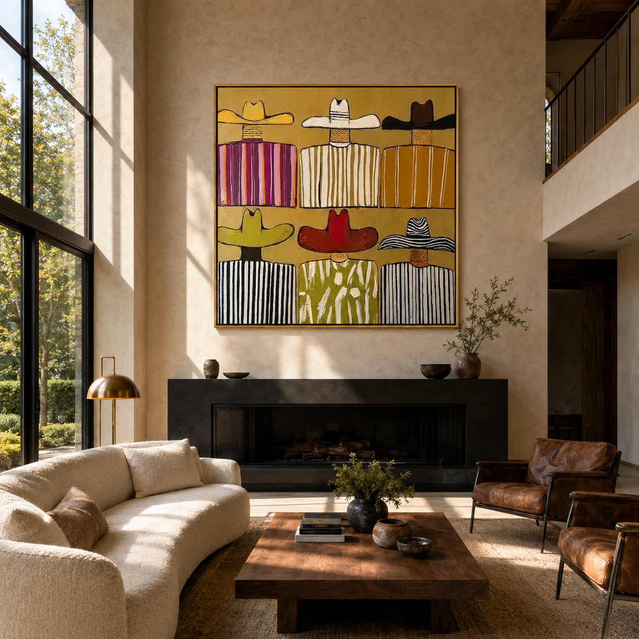 Six Brims Divide Mustard - six cowboy grid painting by Savannah Reed, modern folk art square wall art – styled room scene view 3
