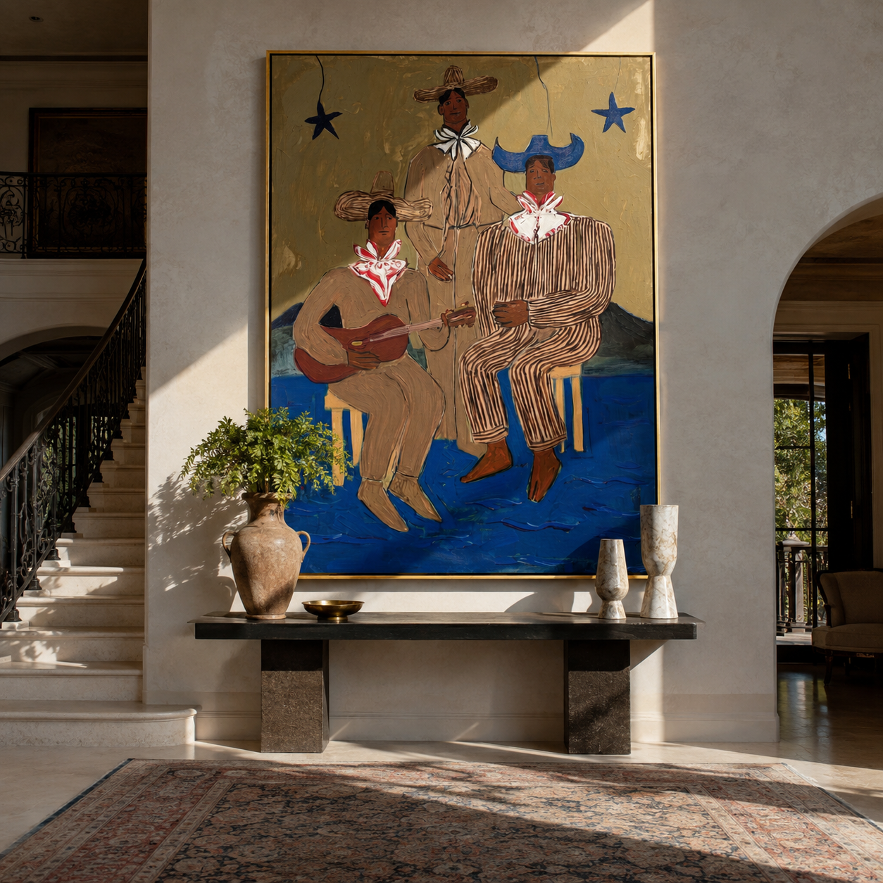 Three Cowboys Make Music - three cowboy musicians painting by Savannah Reed, modern folk art vertical wall art – styled room scene view 1
