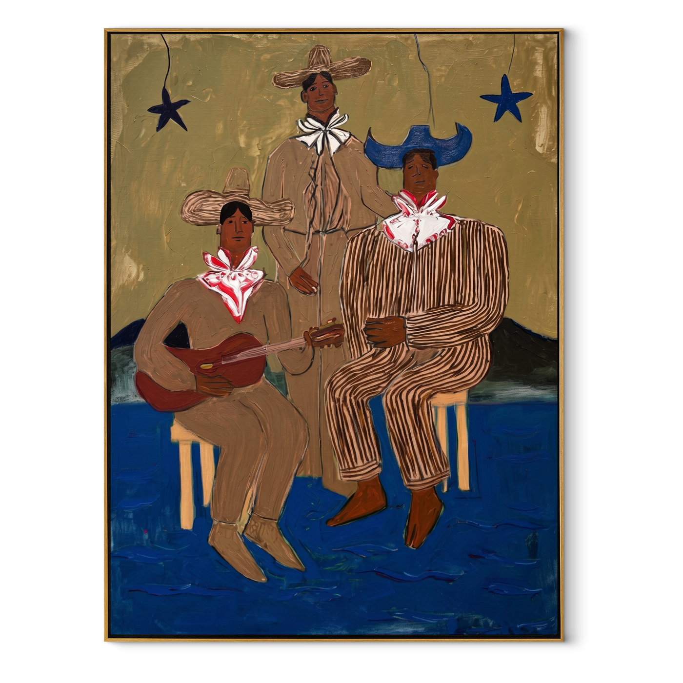 Three Cowboys Make Music - three cowboy musicians painting by Savannah Reed, modern folk art vertical wall art – wood frame on white background