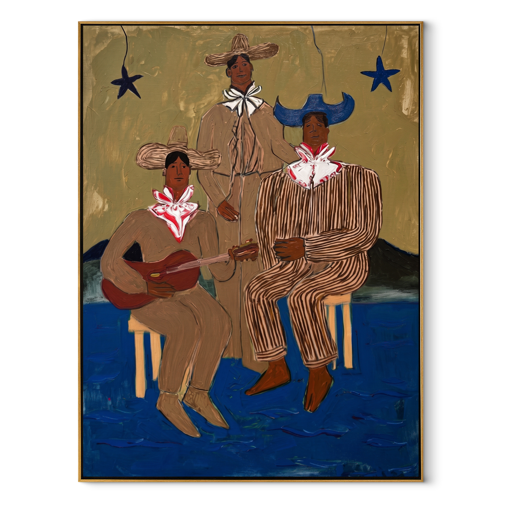 Three Cowboys Make Music - three cowboy musicians painting by Savannah Reed, modern folk art vertical wall art – wood frame on white background