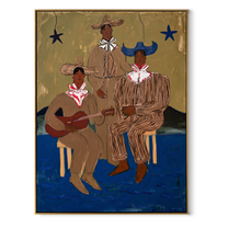Three Cowboys Make Music - three cowboy musicians painting by Savannah Reed, modern folk art vertical wall art – wood frame on white background