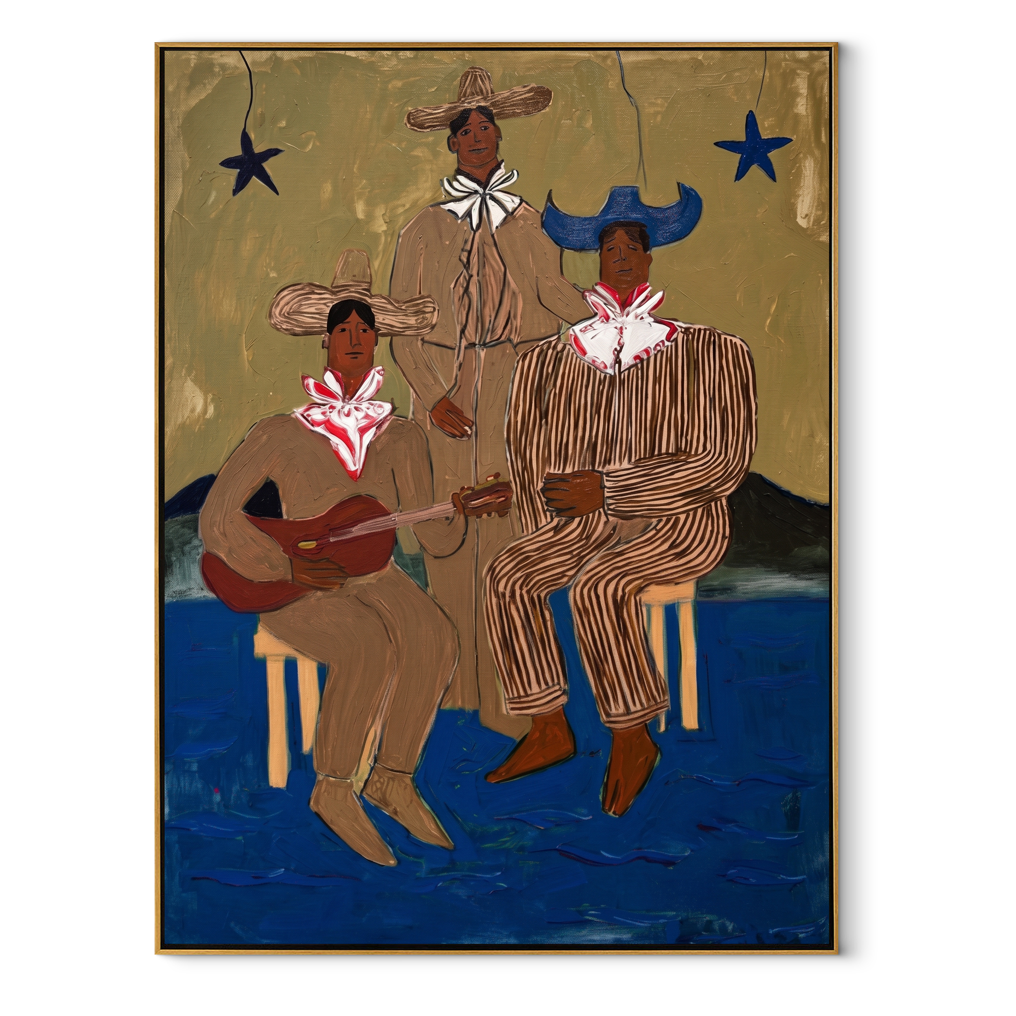 Three Cowboys Make Music - three cowboy musicians painting by Savannah Reed, modern folk art vertical wall art – wood frame on white background