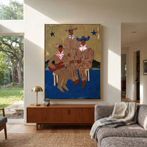Three Cowboys Make Music - three cowboy musicians painting by Savannah Reed, modern folk art vertical wall art – styled room scene view 2