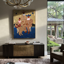 Three Cowboys Make Music - three cowboy musicians painting by Savannah Reed, modern folk art vertical wall art – styled room scene view 3