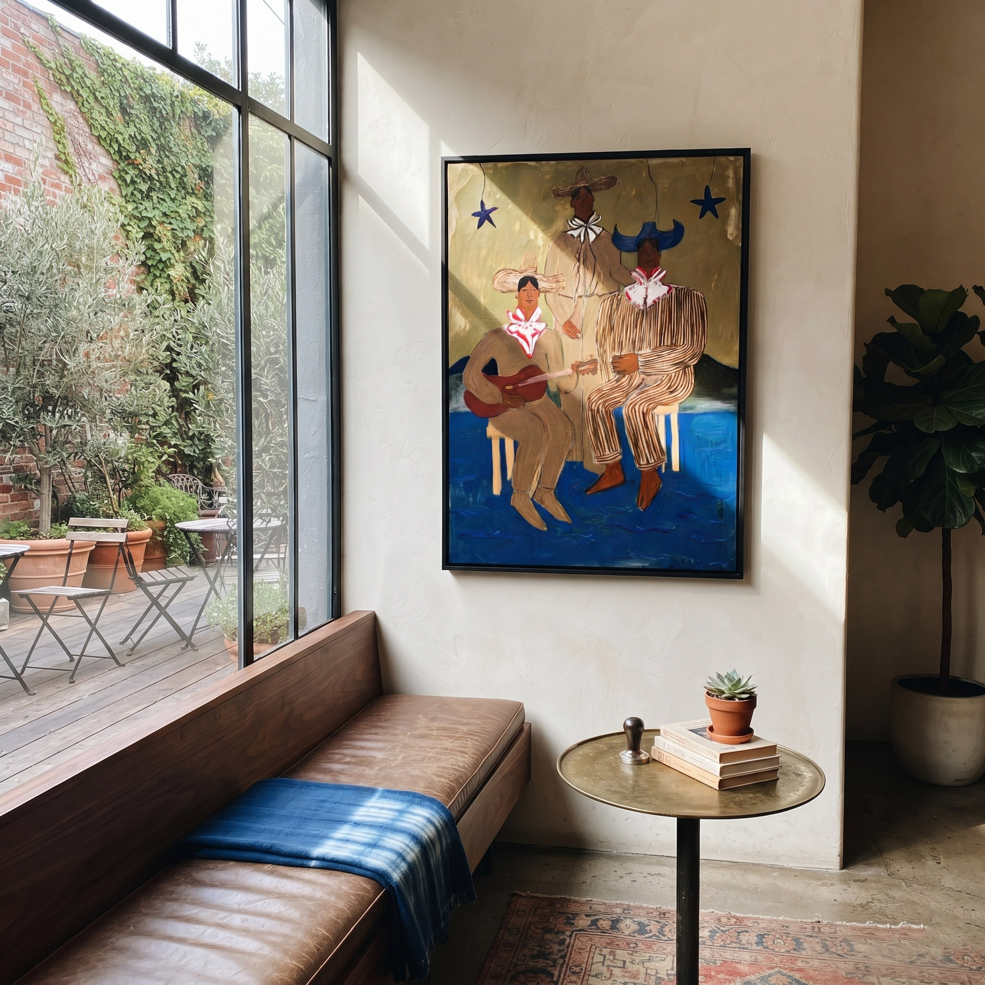 Three Cowboys Make Music - three cowboy musicians painting by Savannah Reed, modern folk art vertical wall art – styled room scene view 4