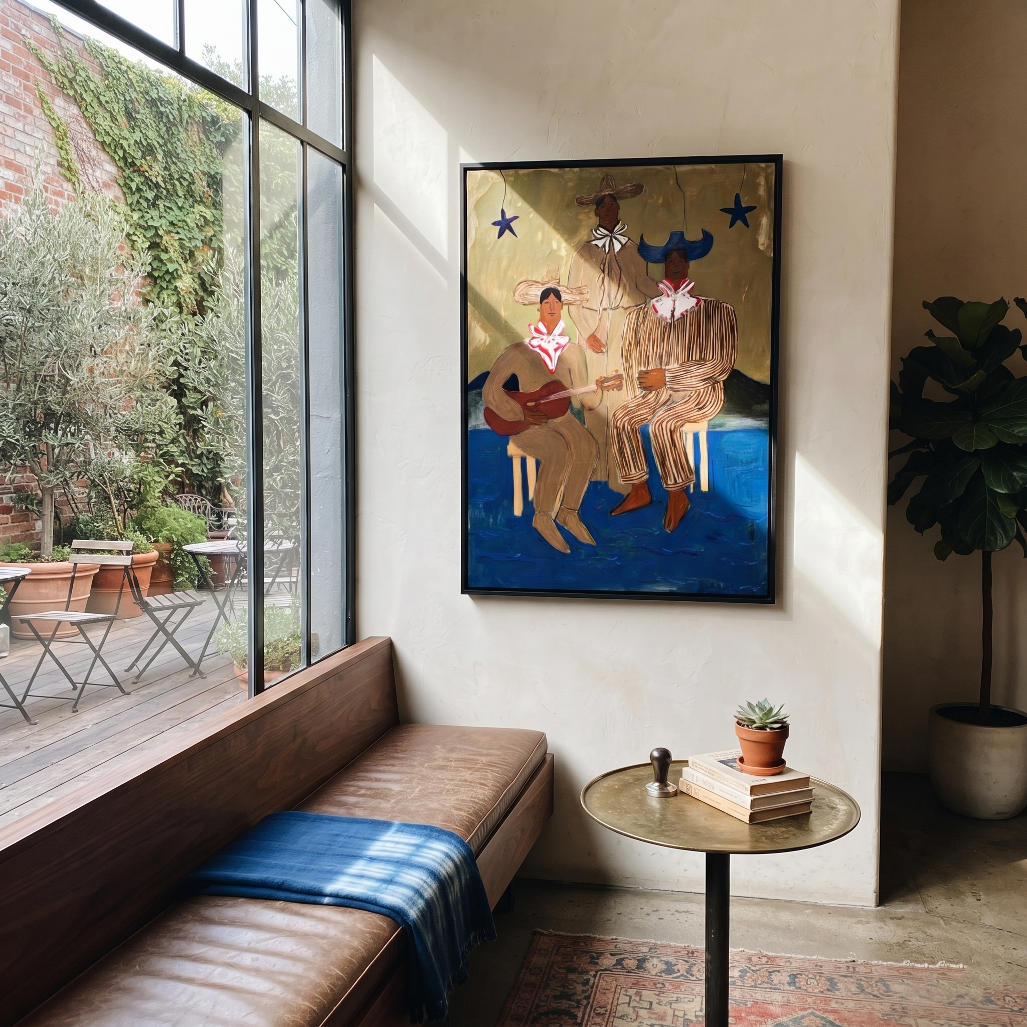 Three Cowboys Make Music - three cowboy musicians painting by Savannah Reed, modern folk art vertical wall art – styled room scene view 4