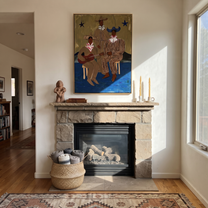 Three Cowboys Make Music - three cowboy musicians painting by Savannah Reed, modern folk art vertical wall art – styled room scene view 5
