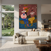 Guitar Sings Under Stars - cowboy musicians folk painting by Savannah Reed, modern folk art vertical wall art – styled room scene view 1