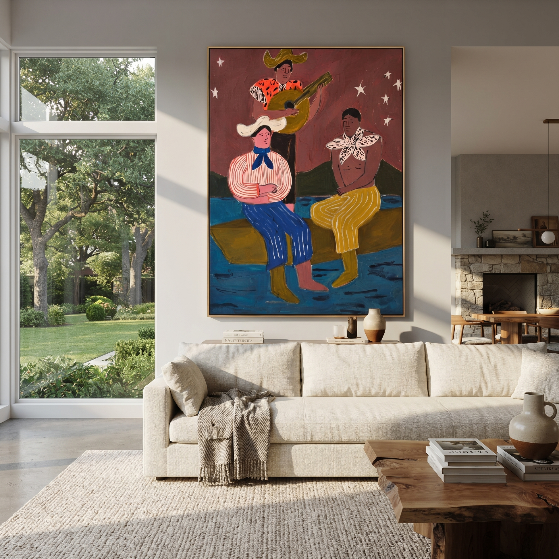 Guitar Sings Under Stars - cowboy musicians folk painting by Savannah Reed, modern folk art vertical wall art – styled room scene view 1