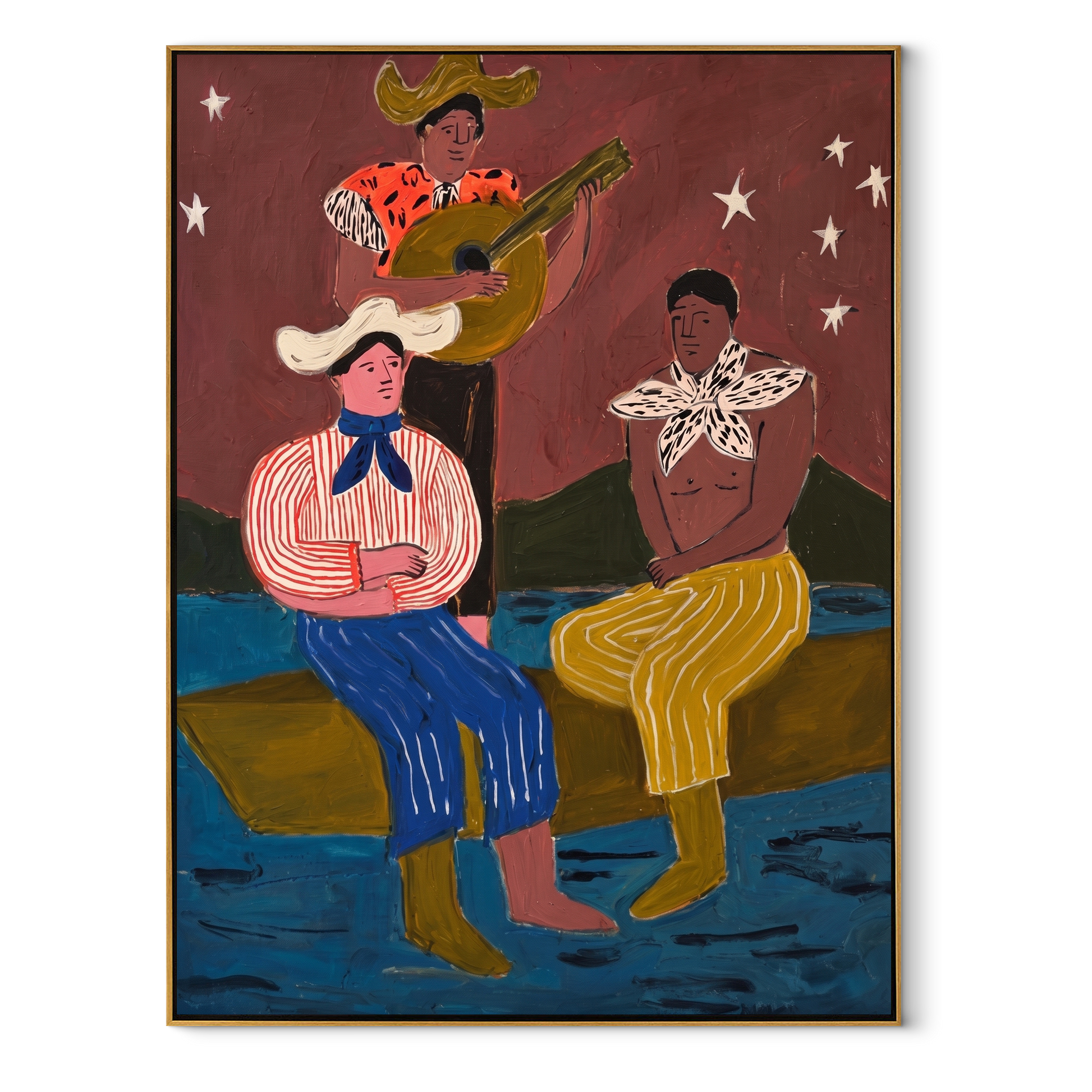 Guitar Sings Under Stars - cowboy musicians folk painting by Savannah Reed, modern folk art vertical wall art – wood frame on white background