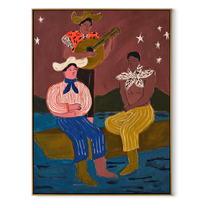 Guitar Sings Under Stars - cowboy musicians folk painting by Savannah Reed, modern folk art vertical wall art – wood frame on white background
