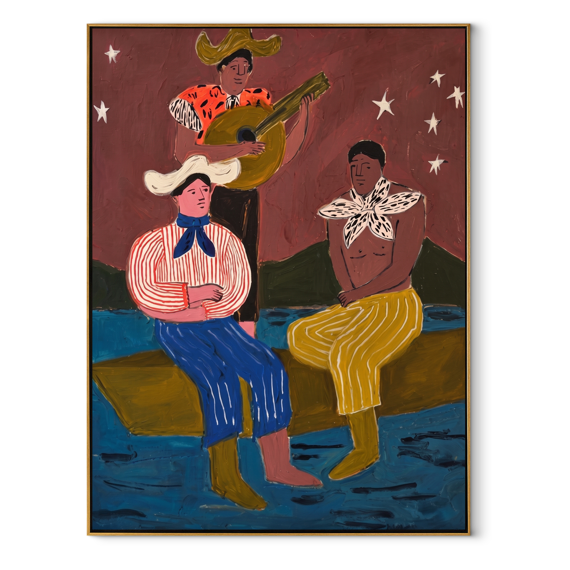Guitar Sings Under Stars - cowboy musicians folk painting by Savannah Reed, modern folk art vertical wall art – wood frame on white background