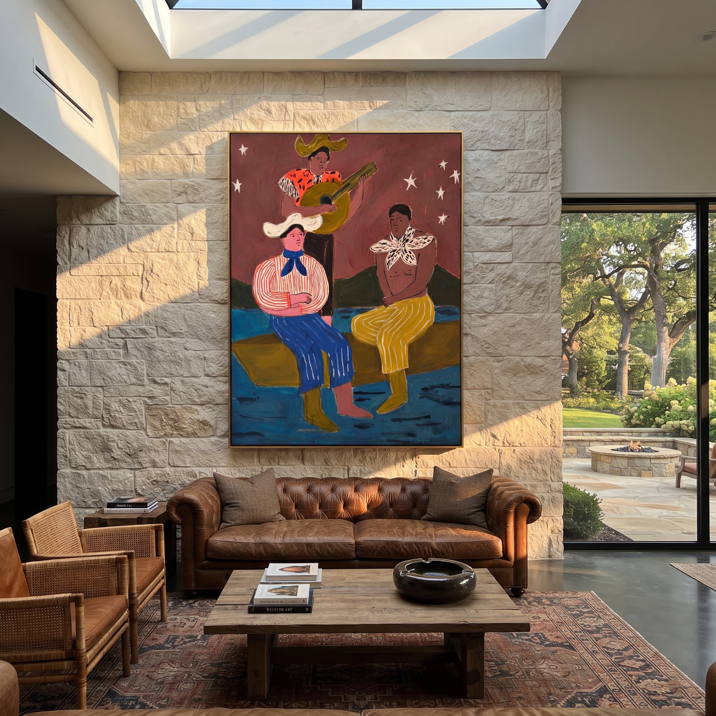 Guitar Sings Under Stars - cowboy musicians folk painting by Savannah Reed, modern folk art vertical wall art – styled room scene view 2
