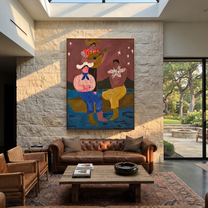 Guitar Sings Under Stars - cowboy musicians folk painting by Savannah Reed, modern folk art vertical wall art – styled room scene view 2