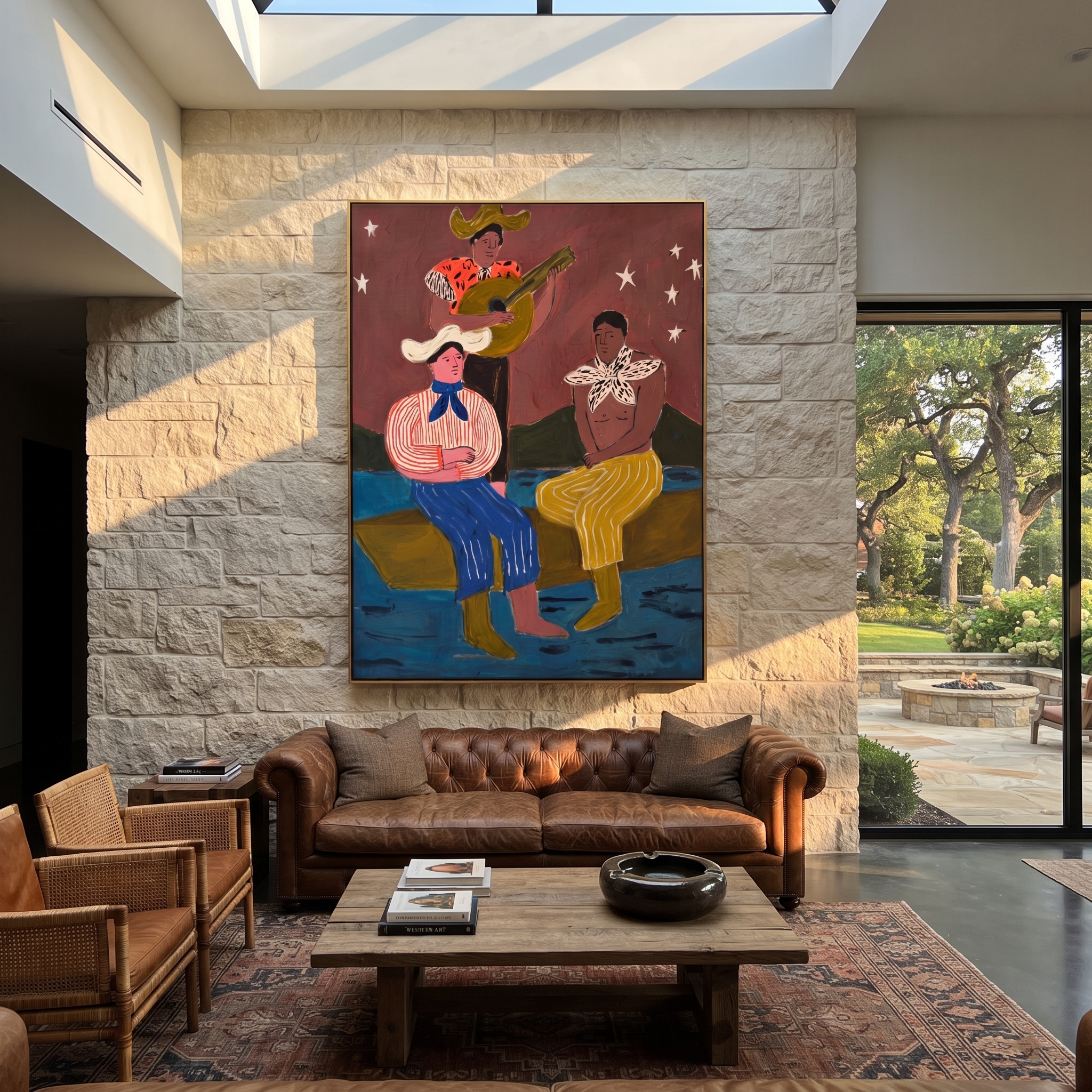 Guitar Sings Under Stars - cowboy musicians folk painting by Savannah Reed, modern folk art vertical wall art – styled room scene view 2