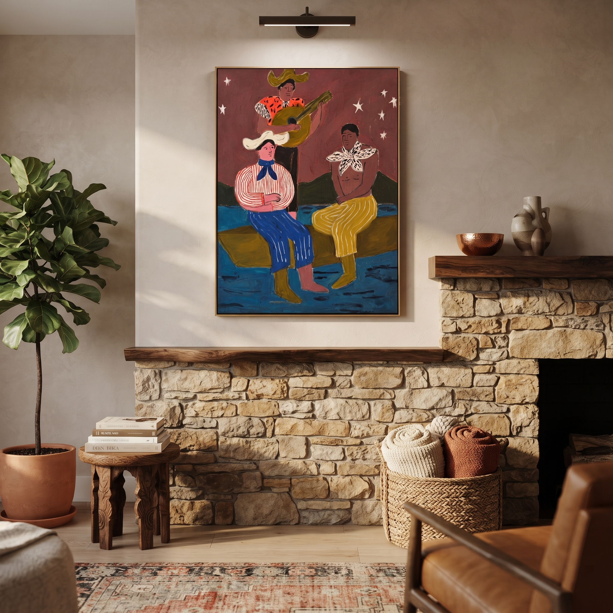 Guitar Sings Under Stars - cowboy musicians folk painting by Savannah Reed, modern folk art vertical wall art – styled room scene view 4