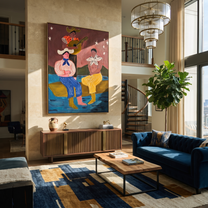 Guitar Sings Under Stars - cowboy musicians folk painting by Savannah Reed, modern folk art vertical wall art – styled room scene view 5
