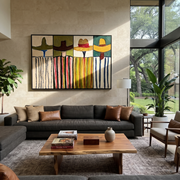Four Brims Stand Apart - four cowboy portrait painting by Savannah Reed, modern folk art horizontal wall art – styled room scene view 1