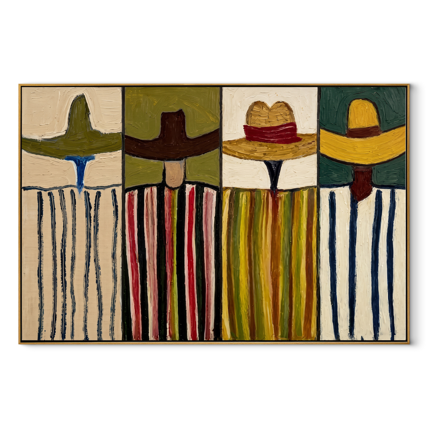Four Brims Stand Apart - four cowboy portrait painting by Savannah Reed, modern folk art horizontal wall art – wood frame on white background