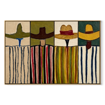 Four Brims Stand Apart - four cowboy portrait painting by Savannah Reed, modern folk art horizontal wall art – wood frame on white background