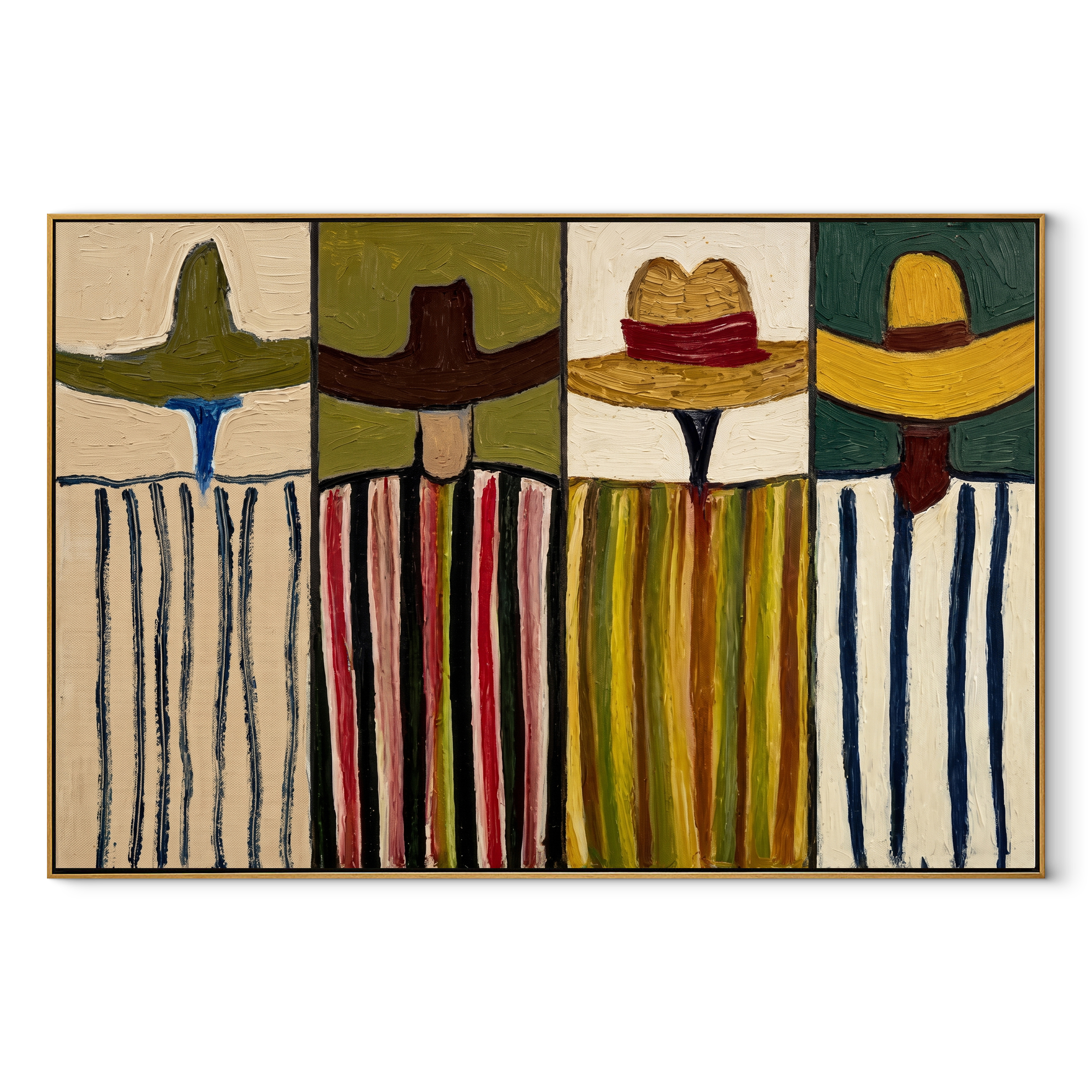 Four Brims Stand Apart - four cowboy portrait painting by Savannah Reed, modern folk art horizontal wall art – wood frame on white background