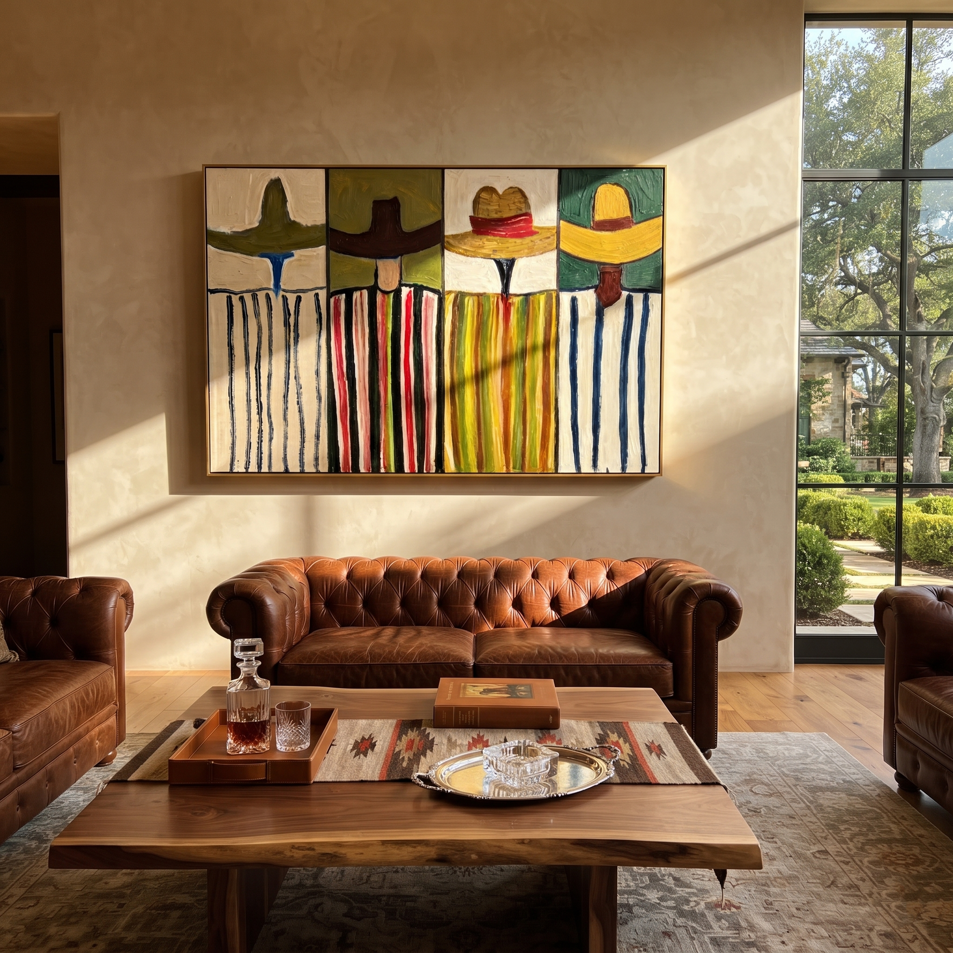 Four Brims Stand Apart - four cowboy portrait painting by Savannah Reed, modern folk art horizontal wall art – styled room scene view 2
