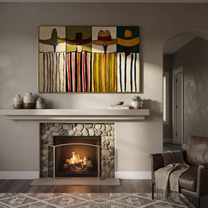 Four Brims Stand Apart - four cowboy portrait painting by Savannah Reed, modern folk art horizontal wall art – styled room scene view 4