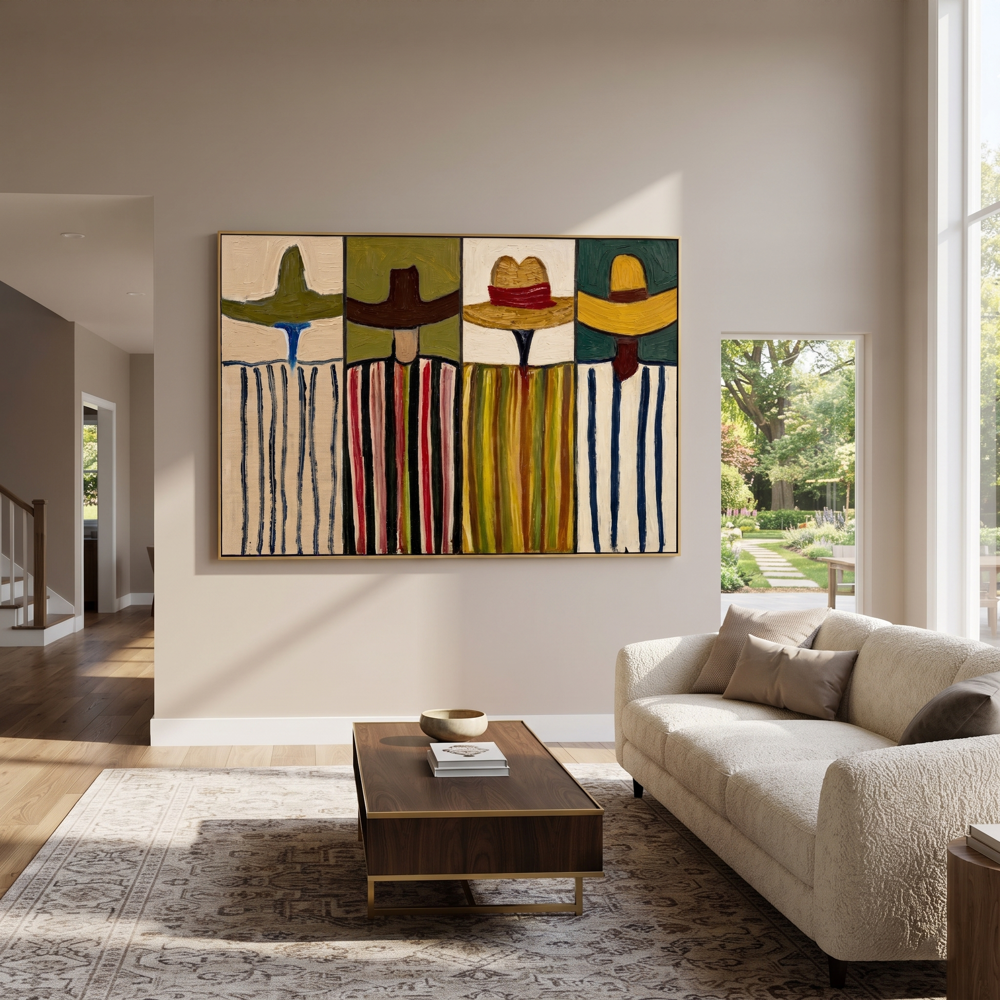 Four Brims Stand Apart - four cowboy portrait painting by Savannah Reed, modern folk art horizontal wall art – styled room scene view 5