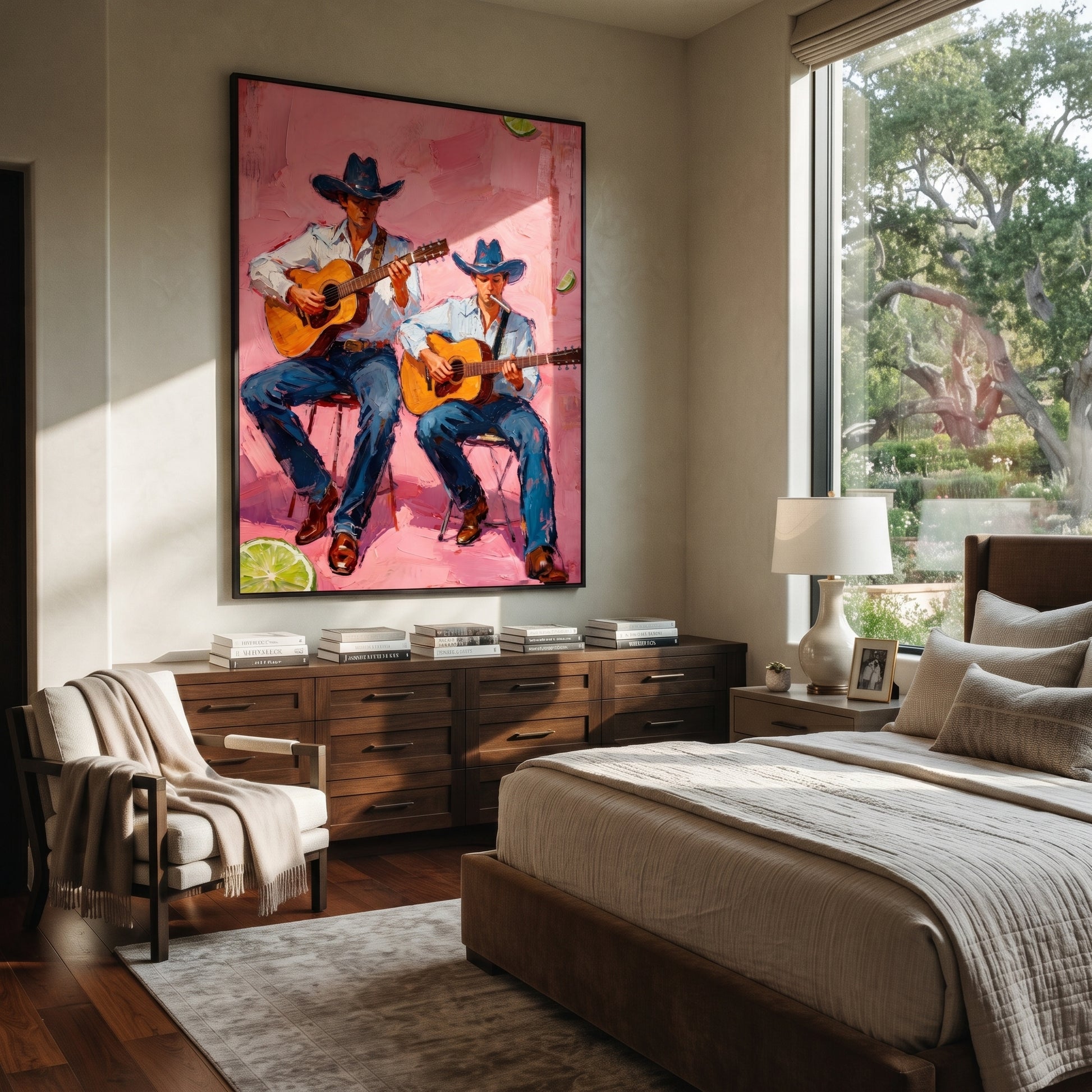 Two Guitars Warm Pink - cowboy guitar duet painting by Savannah Reed, modern folk art vertical wall art – styled room scene view 1