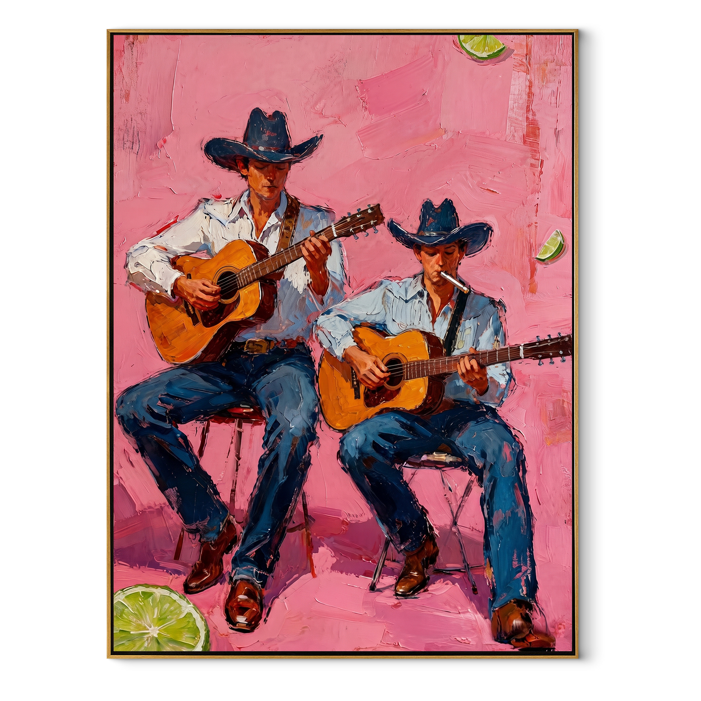 Two Guitars Warm Pink - cowboy guitar duet painting by Savannah Reed, modern folk art vertical wall art – wood frame on white background