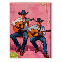 Two Guitars Warm Pink - cowboy guitar duet painting by Savannah Reed, modern folk art vertical wall art – wood frame on white background